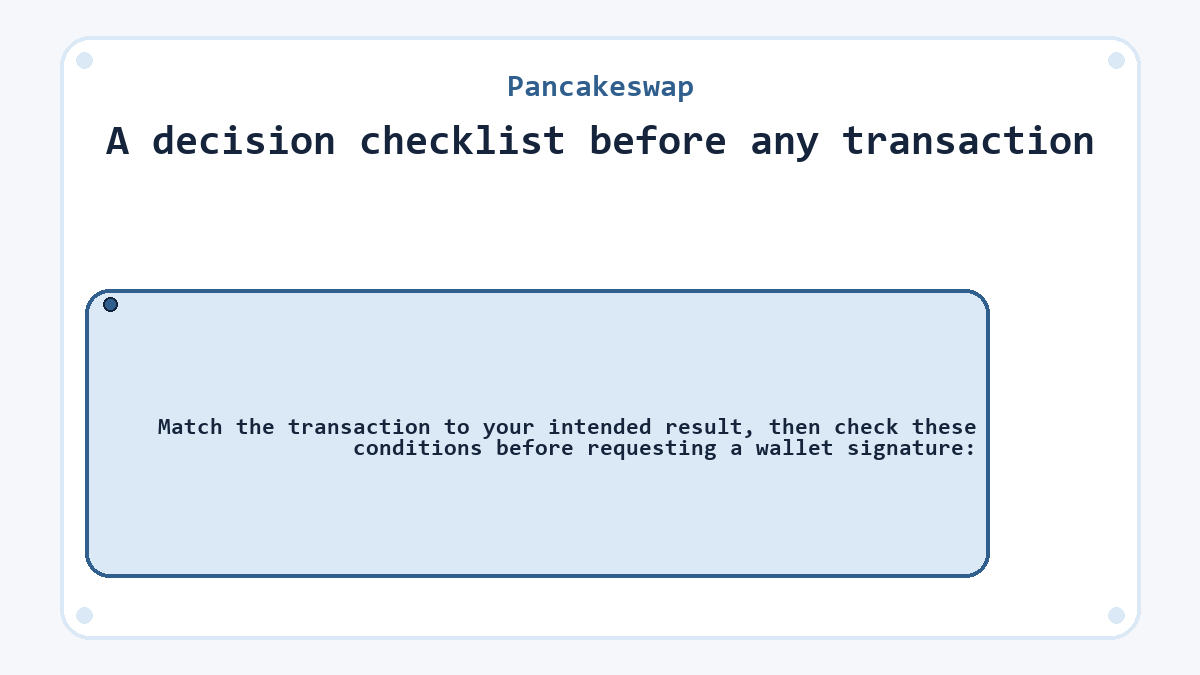 A decision checklist before any transaction: Match the transaction to your intended result, then check these conditions before requesting a wallet signature: